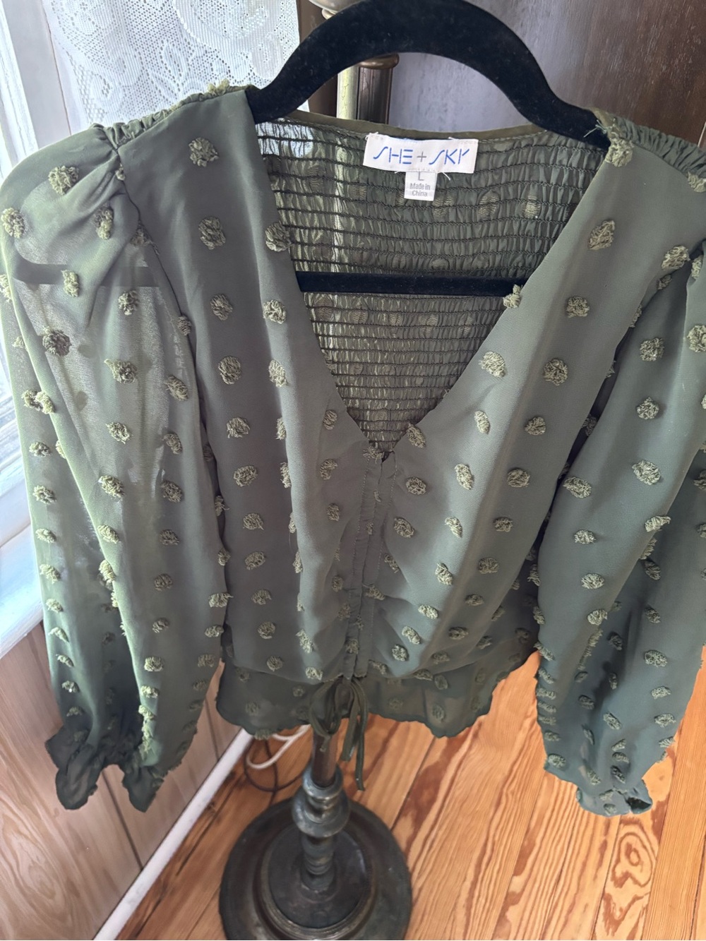 She + Sky Olive Textured Dot Tie-Front V-Neck Blouse
